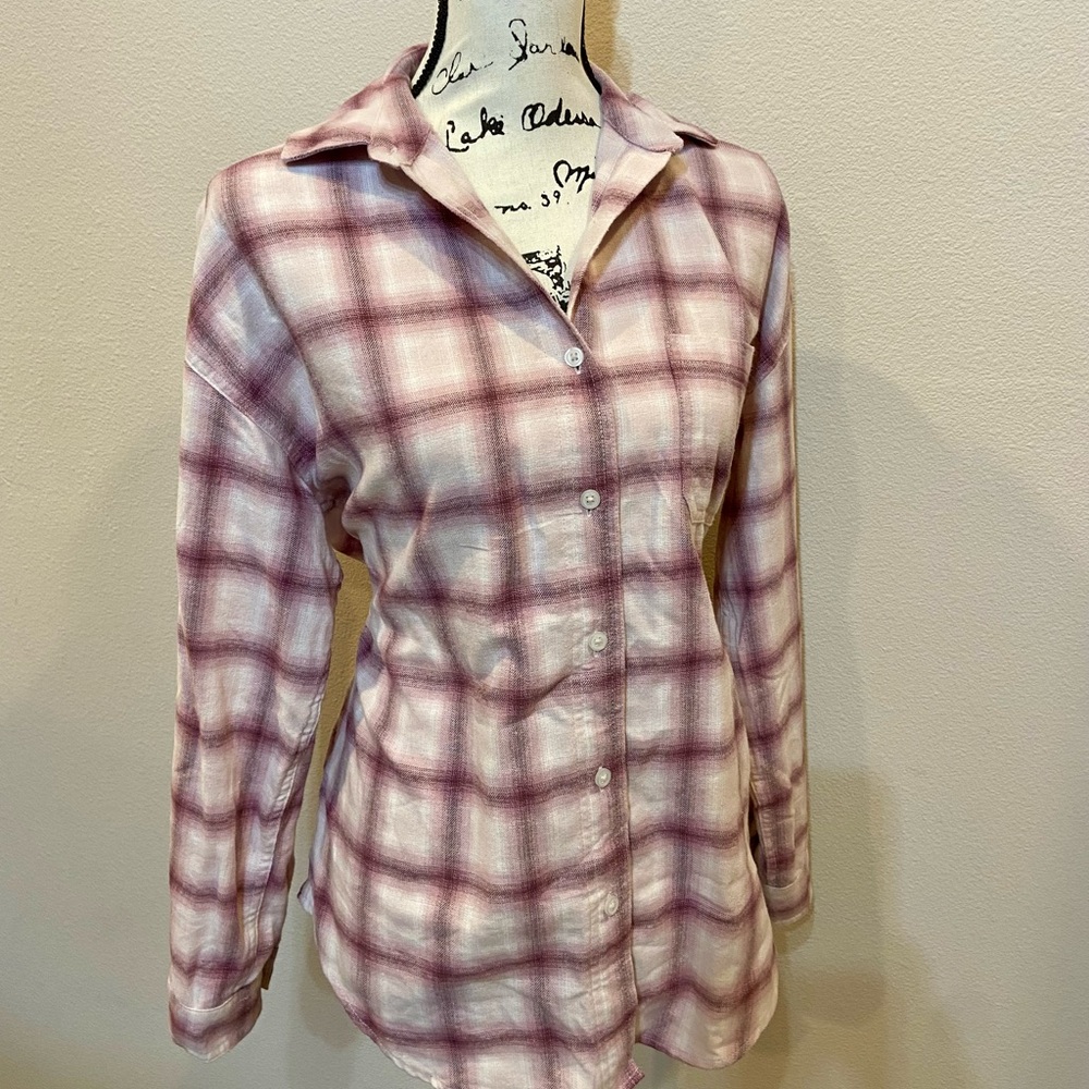 Aeropostale Plaid Flannel Button Up Down Collared Shirt Oversized Soft Pink XS